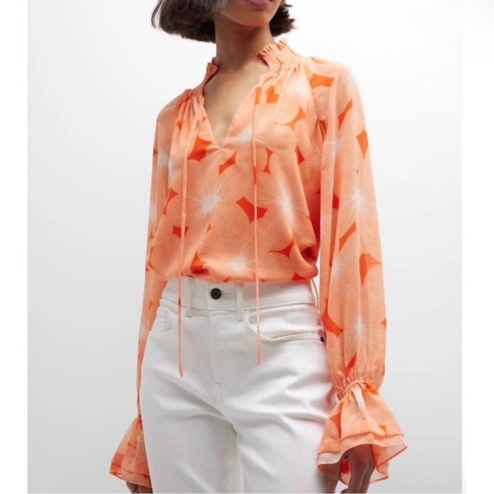Ramy‎ Brook Top Clarke Floral Smocked Neck Blouse Peaza Orange Size M NEW